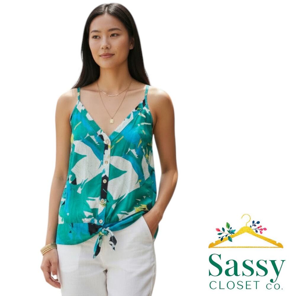 ✨ BEBE 100% Silk Teal White Abstract Halter Top S Tie Front Y2K 💎